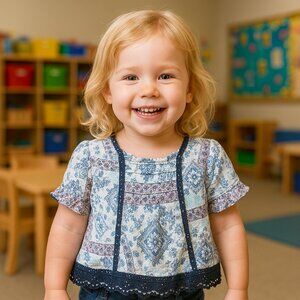 Jessica Simpson Top Crocheted Edging Mixed Print Blue White 3T